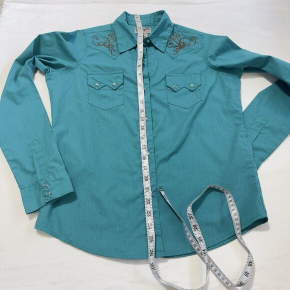 Wrangler Shirt Womens Wrancher Pearl Snap Embroidered Western Teal Sz Sm - Picture 3 of 8